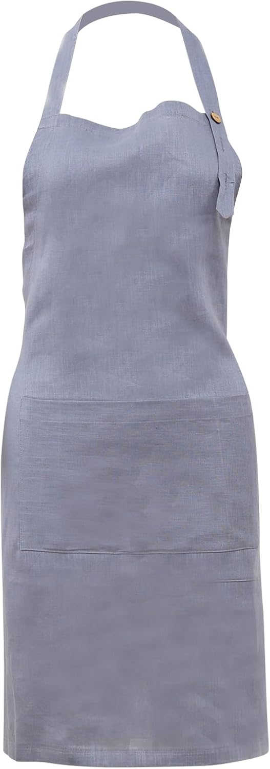 100% Linen Apron Dress with 1 Pockets For Women Men Neck Adjustable Button Apron Waitress Server Cooking Kitchen