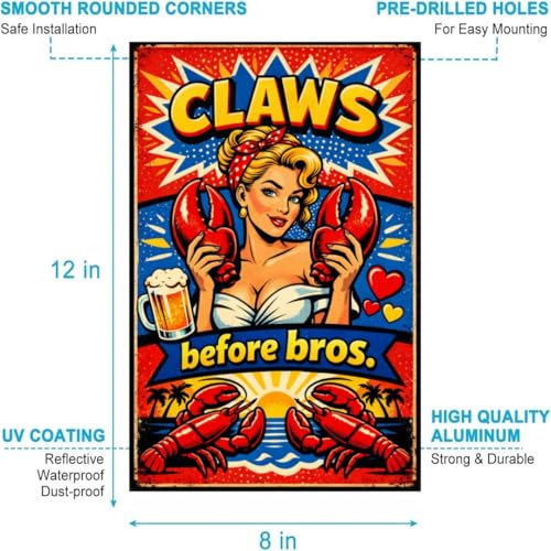 Claws Before Bros Vintage Tin Sign Funny Lobster Wall Decor Retro Metal Plaque Pin Up Style Bar Kitchen Man Cave Coastal Beach Artwork 8x12 Inch Pre Drilled Holes - Image 5