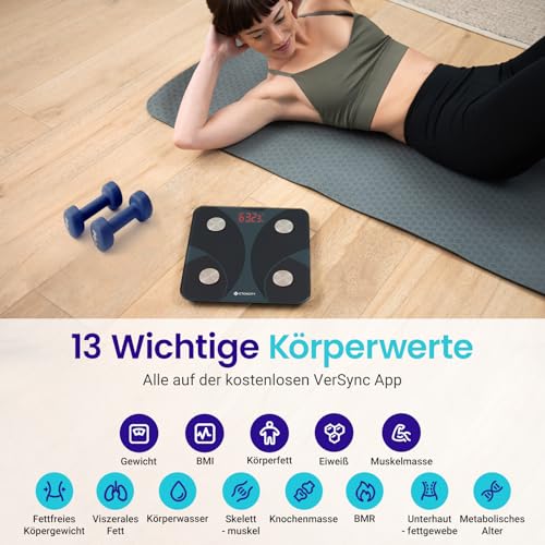 Etekcity Waage Personen - Personenwaage digital mit Körperfett und Muskelmasse - 180kg Körperfettwaage - Fitness Scale - 13 Körperwerte - Körperfett/BMI/Muskelmasse/Protein/BMR - Schwarz