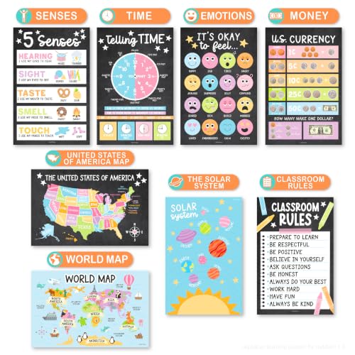 Image of Hadley Designs 16 Educational Posters for Classroom Decor - Learning Posters for Toddlers 1-3, Alphabet for Classroom Wall, Daycare Essentials, Homeschool Posters Preschool, Chalkboard Playroom Decor