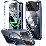 HGUTREY【スタンド機能付き・アクションボタン】 iPhone17 Pro 用 ケース クリア 【ロック付き】【CDリング・MagSafe対応】 9H強化ガラス PC背面 一体型レンズ保護 アイフォン17プロ カバー 両面 ストラップホール付き アルミバンパー メタルフレーム 耐衝撃 高感度タッチ ワイヤレス充電対応 アイホン17 Pro 用 ケース 6.3インチ（ディープブルー）