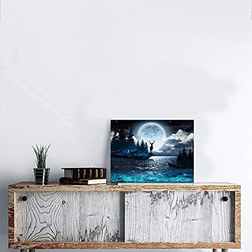 Nw Art 777 Rustic Wall Art For Living Room Bedroom Decor Nordic Theme Moon Deer Ocean Tree Landscape Painting 12X 16Inches Gothic Style Modern Ready To Hang, Moon Deer Ocean - Teal,Blue #TOP2