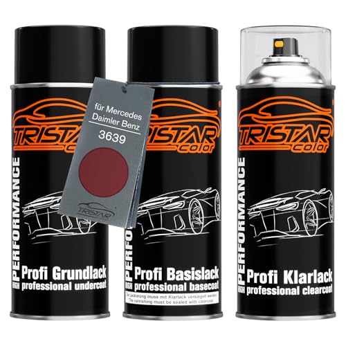 TRISTARcolor Autolack Spraydosen Set für Mercedes/Daimler Benz 3639 Dunkelrot Metallic Grundlack Basislack Klarlack Sprühdose 400ml