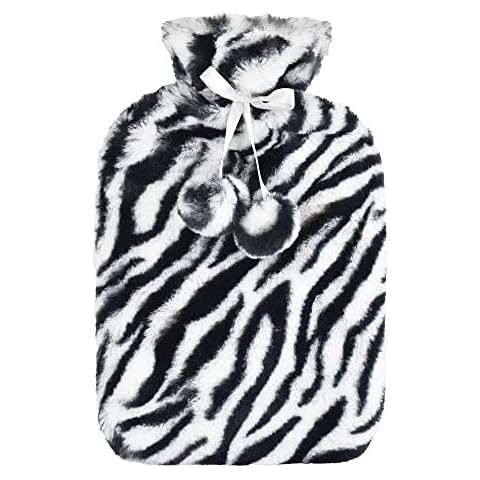 Large 2L Hot Water Bottle with Soft Fleece Cover (Black & White Zebra Print Fleece - 2Ltr) Cover