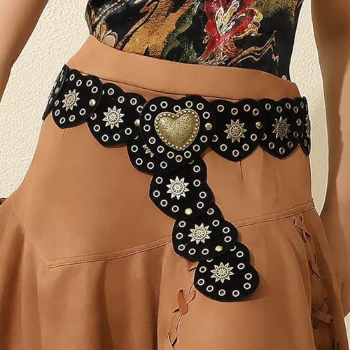 Ticha Damski pasek vintage boho zachodnia skóra kowbojska talia kształt serca metalowa klamra kablowa regulowany pasek, czarny