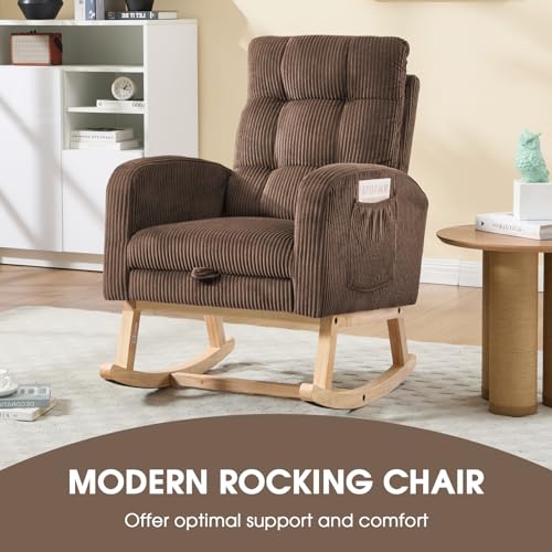 Image of NIOIIKIT Nursery Rocking Chair, Corduroy Upholstered Rocking Chair with Adjustable Footrest, Tufted Rocker Chair with Side Pocket, Glider Rocker for Living Room, Bedroom (Brown Retro)