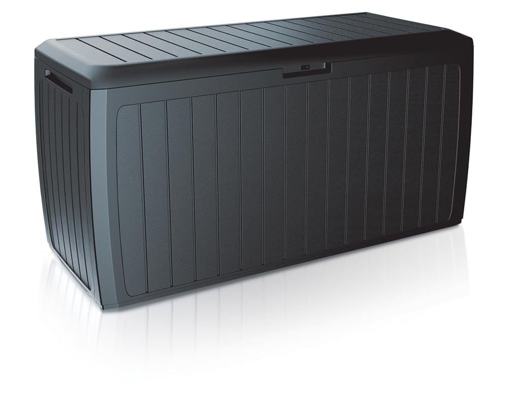 Stolmet 290L Wood-Look Garden Storage Box | Outdoor Plastic Patio Tool Chest & Log Store | 116.6x47x59.5cm | Lockable, Wheeled, Weather-Resistant (Anthracite)