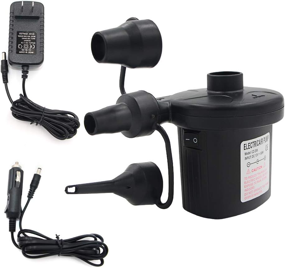 Electric Air Pump Portable Qucick-Fill Air Pump with 3 Nozzles 110v AC/12VDC Lightweight Inflatable and Deflator for Inflatables Air Mattress Bed Inflatable Cushions