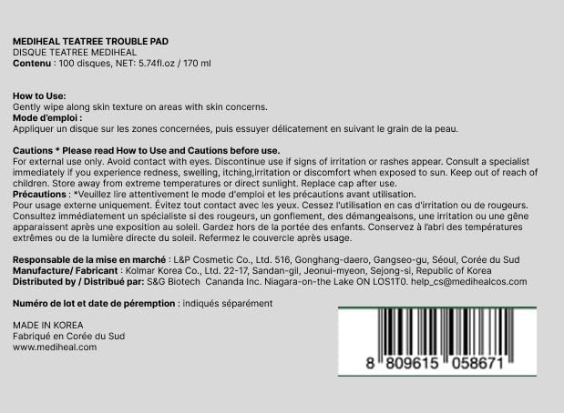 Miniatura 9 de MEDIHEAL Teatree Trouble Pad - Almohadillas de tóner facial cuadradas de algodón con árbol de té y lactobacillus - Calmantes para calmar la piel