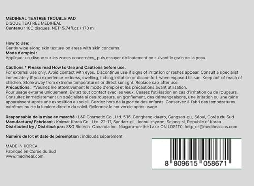 MEDIHEAL Teatree Trouble Pad - Square Cotton Facial Toner Pads with Tea Tree & Lactobacillus - Soothing Pads to Calm Sensitive & Acne Prone Skin- Vegan Face Gauze Pads, 100 Pads