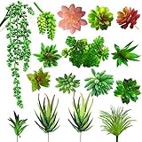 ZALALOVA 16Packs Artificial Succulent Plants，Fake Succulents Assorted Faux Succulent in Different Green Textured Faux Succulent Pick Hanging String of Pearls Plant for Arrangement Home Decoration