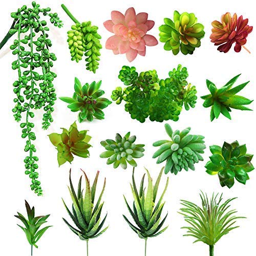 ZALALOVA 16Packs Artificial Succulent Plants，Fake Succulents Assorted Faux Succulent in Different Green Textured Faux Succulent Pick Hanging String of Pearls Plant for Arrangement Home Decoration
