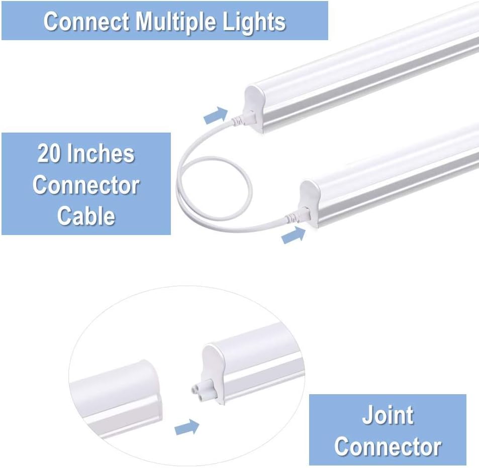 HouLight 6-Pack Corded LED T5 Integrated Light Fixture, Super Bright Daylight White(6500K), 4-Foot, 2200 Lumens, 18W, Built-in ON/Off Switch, for Under Cabinet Light, Ceiling Light, and Shop Light