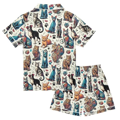 ALAZA Cat Kitten Dog Paw Print Pajamas Satin Pajama Set Short Sleeve Button Down Sleepwear2