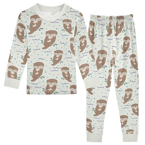 Cartoon Cute Animal Sea Otters Pajama Sets Long Sleeve Top with Pants Cotton Soft Sleepwear 2 Piece Pjs Set Size 3T
