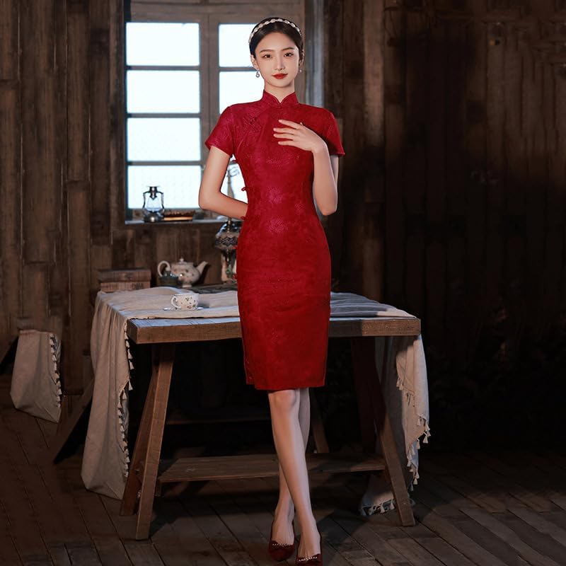 HEARTTOUCH Women Lace Chinese Cheongsam Elegant Midi Qipao Cocktail Party Dress Mandarin Collar Summer Bodycon Dress M-4XL
