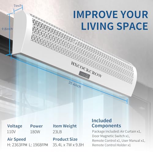 HXCOCKCROW 36 Inch Air Curtain for Doors Commercial, 1350CFM/2363FPM Wall Mounted Air Curtain Fan with Magnetic Door Switch, Powerful Indoor Over Door Fan for Restaurant Garage Household Shop by HXCOCKCROW - Image 3