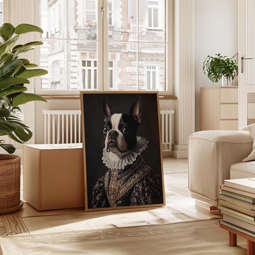 Image of Boston Terrier Victorian Queen Wall Art Print Poster, Dog Pet Lover Picture Painting Artwork Bedroom Living Room Office Dining Room 150D (Boston Terrier Victorian Queen, 11 inchW x 14 inchL, Wood Frame)