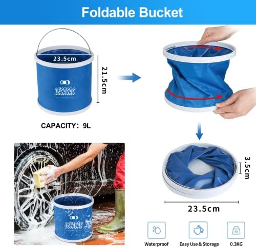 lesasas Car Cleaning Kit with Storage Bag, 9L Foldable Bucket, Detailing Brush Set 9 Pcs, 27cm Short Handle Wheel Brush, Microfiber Wash Mitt, Drying Towel for Dust Remove and Dirty Rim Washing, Blue
