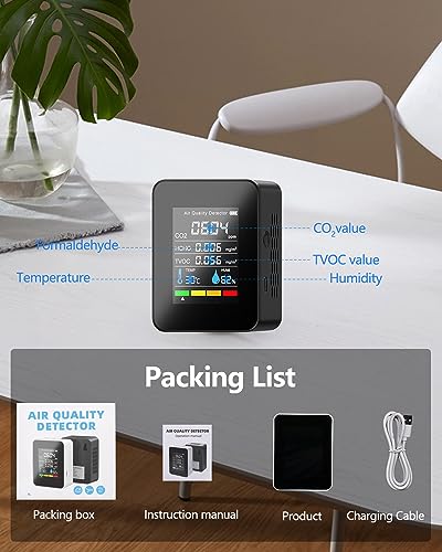 Air Quality Monitor Indioor, 5-in-1 Professional Portable CO2 Detector, TVOC HCHO, Humidity & Temperature Meter, Large Display Home Air Quality Tester Analyzer for Office School Car, Black