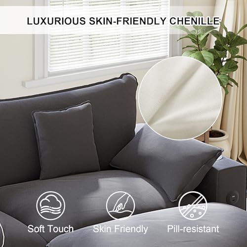 Image of KCGKCG 80.7 inch Modular Sectional Couch, L Shaped Cloud Sofa with Movable Ottoman, Chenille Deep Seat Cloud Couch with Charging Station, Cup Holder, Side Pocket, Sectional Couches for Living Room, Grey