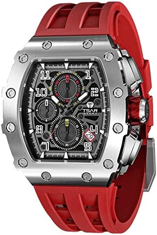 TSAR BOMBA Watch for Men, 50M Waterproof Mens Watches, Luxury Tonneau Black Watch with Silicone Watch Bands, Japanese Quartz Movement Chronograph, Gifts for Men