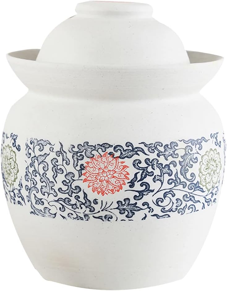 White Traditional Chinese Porcelain Pickle Jar, Ceramic Fermentation Crock Pickling Pot,Fermenting Jar with Water Seal Airlock Lid Stoneware Fermenter for Kimchi 7KG Jar