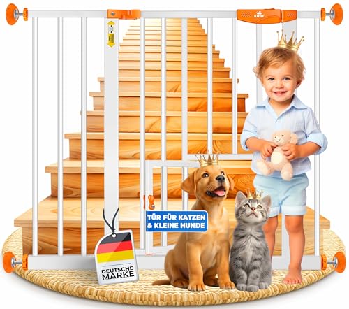 KIDIZ Absperrgitter zum Klemmen mit Katzenklappe, Türschutzgitter, Autoclose Kinder Treppengitter ohne Bohren | 90° Stopp Schutz, schwenkbar, Treppenschutzgitter, Weiß/Orange, Breite: 88-101cm KIDIZ Absperrgitter zum Klemmen mit Katzenklappe, Türschutzgitter, Autoclose Kinder Treppengitter ohne Bohren | 90° Stopp Schutz, schwenkbar, Treppenschutzgitter, Weiß/Orange, Breite: 88-101cm