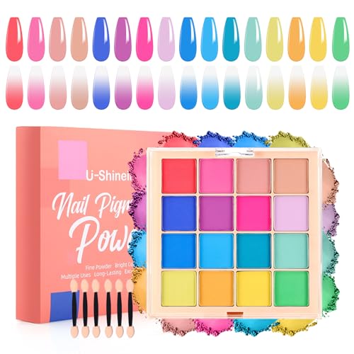 U-Shinein Nail Pigment Powder Palette Set, 16 Colors Ombre Nail Powder Palette with 100pcs Sponges & Tweezers French Aura Nails Ombre Nail Brush Nail Long-lasting Manicure Art DIY Accessories