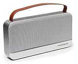 Bluetooth 4.0 o NFC Thomson WS03 – Altavoz inalámbrico Bluetooth de diseño con asa de transporte en cuero color plata