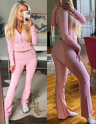 Springrain Women Ribbed Knit 2 Piece Outfits Slim Fit Zip Up Sweater Sets High Waist Fluffy Pants Y2K Lounge Sets(Pink-S) #TOP2