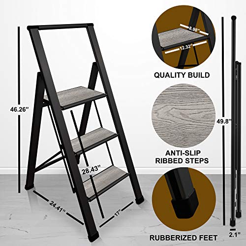 Step Ladder 3 Step Folding, Decorative - Beautiful Gray Wood & Black Aluminum, Ultra Slim Profile, Anti Slip Steps, Sturdy-Portable For Home, Office, Kitchen, Photography Use,By Sorfey #TOP1