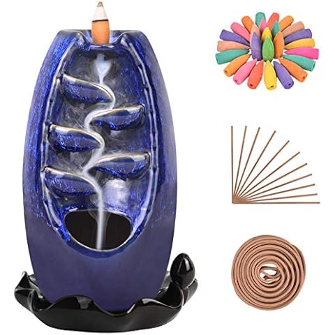 SOLEJAZZ Backflow Incense Burner Waterfall Incense Holder Ceramic with 120 Incense Cones & 30 Incense Sticks for Home Office Yoga Aromatcherapy Ornamen, Navy Cover