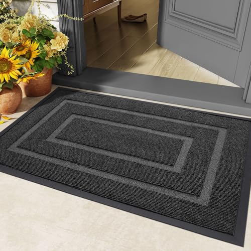 DEXI Door Mat 60×90 cm, Dirt Trapper Door Mats Heavy Duty, Non-Slip Rubber Backing Entrance Rug Waterproof, Shoes Scraper Doormat for Outdoor and Indoor, Grey
