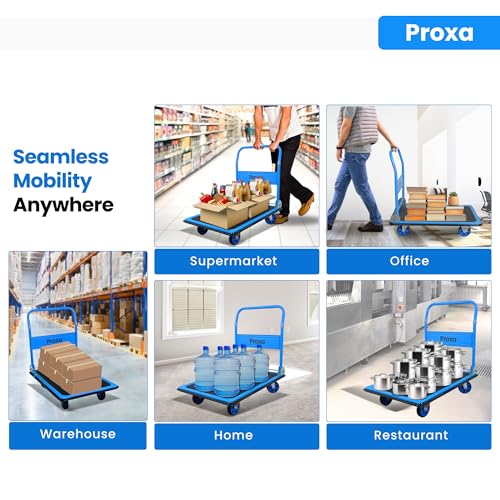 Image of Proxa 300 kg Steel Foldable Platform Trolley | Heavy Duty Material Handling Cart with 5 Inch Wheels | Portable Goods Trolley for Warehouse, Office, Home & Industry Use (91 x 61 x 85 cm)