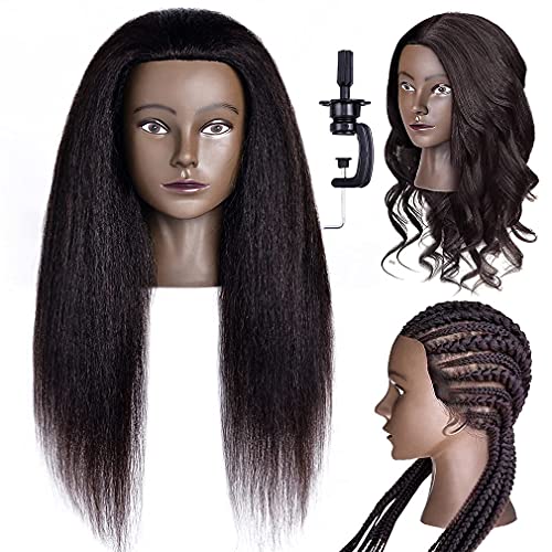 Mannequin Head with Real Hair 100% Real Hair Cosmetology Mannequin Head Hair Doll head Training Styling Head Manikin for Hair Styling with Free Table Mannequin Stand(20"-22")