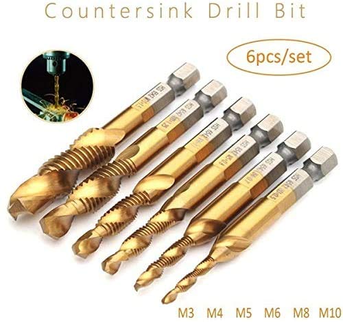 6Pcs M3 M4 M5 M6 M8 M10 Titanium Coated Hss Spiral Flute Metric Taps Set Metric Thread Tap Drill And Tap Bits 1/4" Hex Shank Screw Taps Tool Set #TOP5