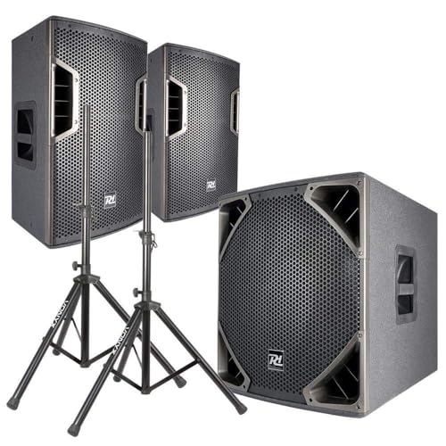 Power Dynamics PD-6 - DJ Boxen, Aktiv PA Anlage Komplettset 2.1 Set - 2600 Watt, mit Lautsprecher Stativ, Kabeln, Mobile Speaker für Beschallung bis zu 250 Leuten - Schwarz