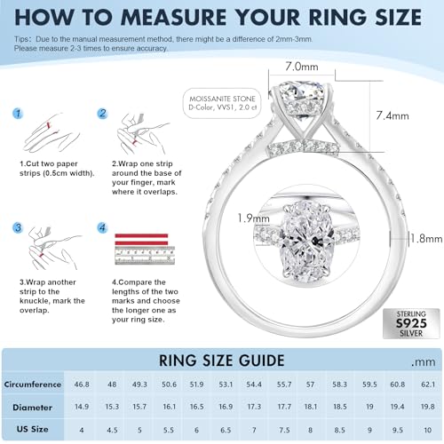 KRKC&CO Oval Moissanite Rings for Women, 925 Sterling Silver 2.0CT Engagement Promise Ring, Radiant Cut, D Color VVS1 Clarity, GRA, Anniversary Bridal Wedding Gift for Wife Her, Size 62