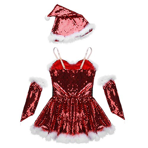 Hansber Big Girls Christmas Outfit Sequins Figure Ice Roller Skating Ballet Dance Leotard Dress With Hat Arm Sleeves Red-A 14 #TOP3