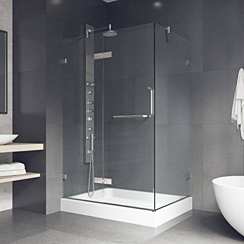 Vigo Vg6011Chcl40Wl 32.38" -40.25" W -73.38" H Frameless Hinged Rectangle Shower Enclosure With Clear 0.38" Tempered Glass And Stainless Steel Hardware In Chrome Finish With Right Handle And Base #TOP3