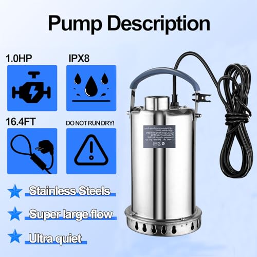 Image of Submersible Sump Pump Stainless Steel Water Pump 1HP 3700GPH