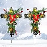 2 Pack Christmas Decorations Outdoor Solar Cross Stake Lights for Christmas Decor, IP65 Waterproof, Auto On/Off Cross Light Grave Decorations with 10 LEDs & Pinecones for Garden Yard Lawn Cemetery