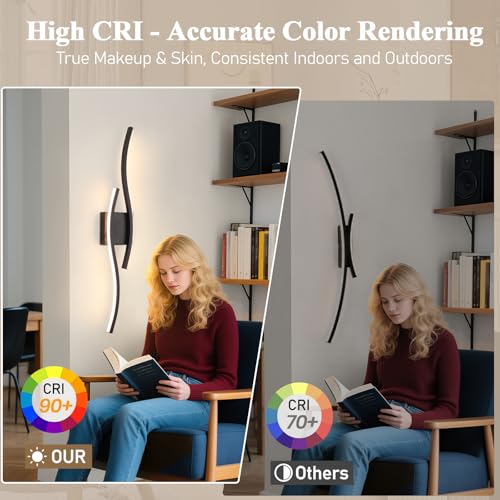 Image of Modern Black Wall Sconce, 5CCT Dimmable Indoor Led Wall Sconce Lighting, Hardwire Black Led Wall Lamps for Living Room Bedroom Bathroom Hallway, Indoor Wall Decor Bedside Wall Lamp, 31.5Inch