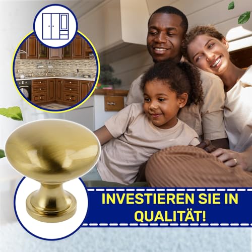 MONTERAL 6 Stück Möbelknöpfe Ø30 mm H29 mm - Schrankknöpfe aus Zink-Aluminium Legierung - Schrankgriffe in Goldenes Messing Farbe - Garantie 10 Jahre