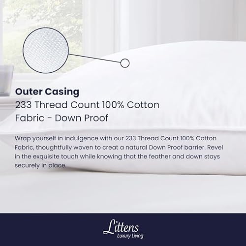 Littens 50cm x 90cm Luxury Super King Size White Duck Feather & Down Pair Pillows 230TC 100% Cotton Casing, Down Proof (20" x 36") - Image 5