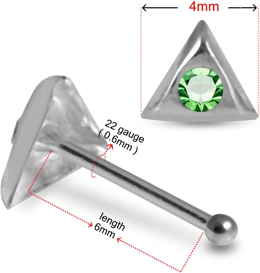 20 Pieces Box Set Triangle with Crystal Stone Design 22 Gauge 925 Sterling Silver Nose Pin - Nose Stud - Tiny Nose Ring - Nose Piercing Body Jewelry