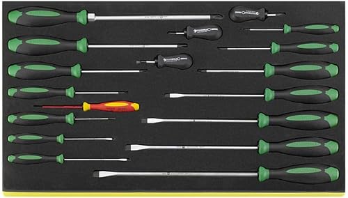 96831179 TCS 4620/4660VDE DRALL+ Screwdriver Set in Tool Control System Inlays, 18 Pieces, TCS Size 530 x 350 x 40 mm, for Slotted and Cross-head Screws, Heavy-Duty, Made in Germany