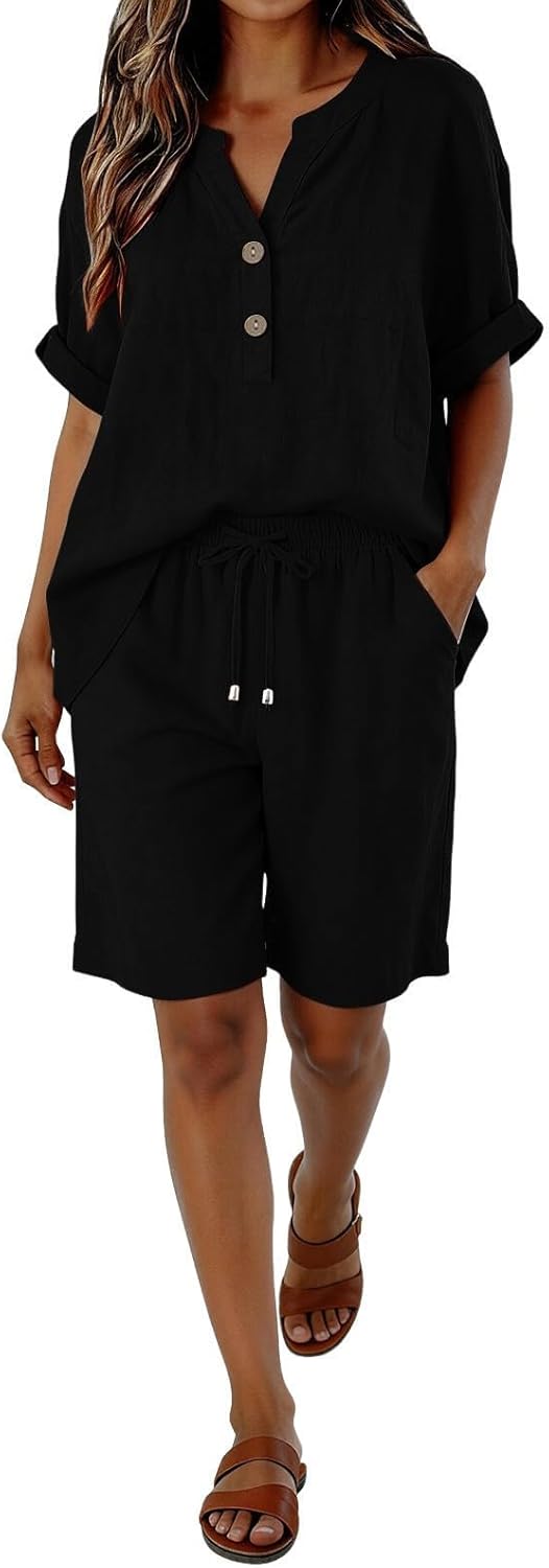 2 Peice Womens Cotton Linen Short Sets Short Sleeve Shirts & Wide Leg Shorts Comfy Breathable Summer Causal Beach Outfits