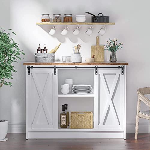 Farmhouse Coffee Bar Cabinet, 42’’ Kitchen Buffet Sideboard Cabinet With Storage, White Coffee Bar Buffet Cabinet With Sliding Barn Door, Coffee Bar Table With Adjustable Shelf For Living Dining Room #TOP5